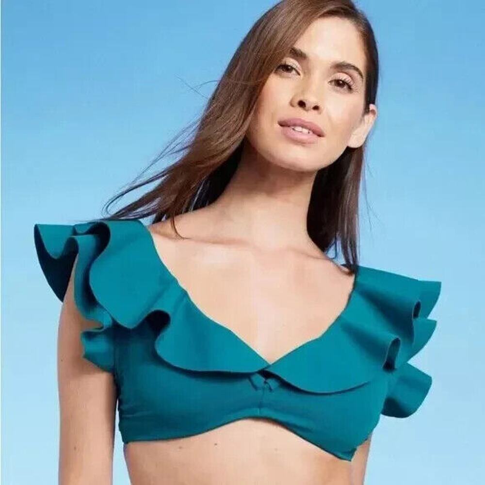 Shade & Shore Women's Ruffle Bralette Bikini Top Teal Blue Size 34DD